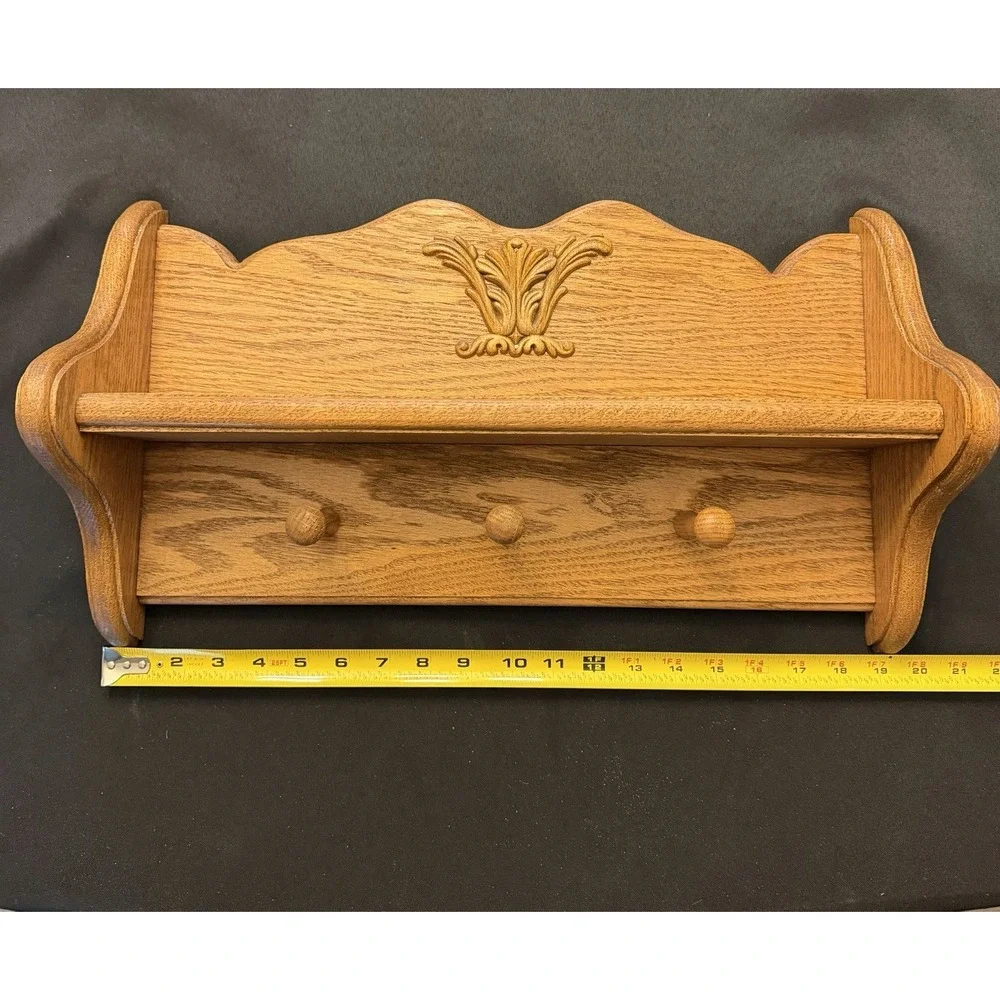 Vintage Solid Oak Hanging Wall Shelf Carved Floral Scroll Appliqué 20
